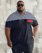 Men's Plus Size Light Business Pinstripe Patchwork Polo Shirt Trousers Suit